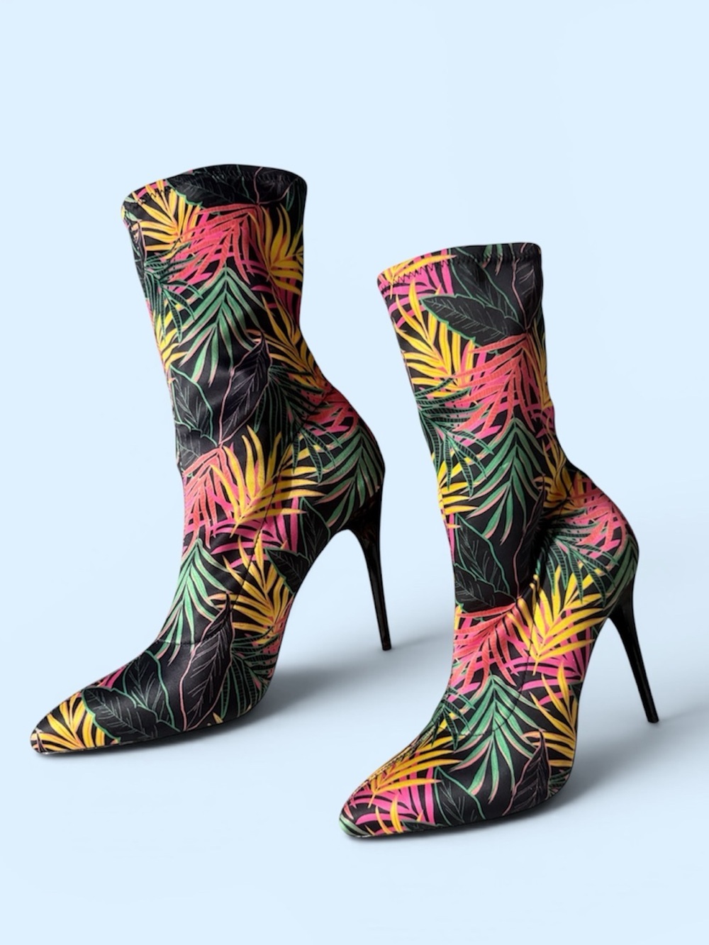 Tropical Print Pointed-Toe Stiletto Boots - Multicolor, 10, fits 9.5/10
